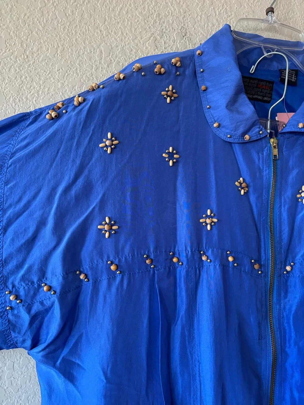 Rare Vintage 80’s Mureli Royal Blue 100% Silk Beaded Track Jacket Set XL NWT